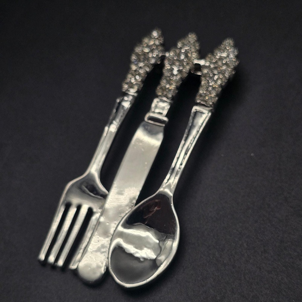 Rhinestone Utensil Brooch Silver Tone Dining Restaurant Foodie Gift